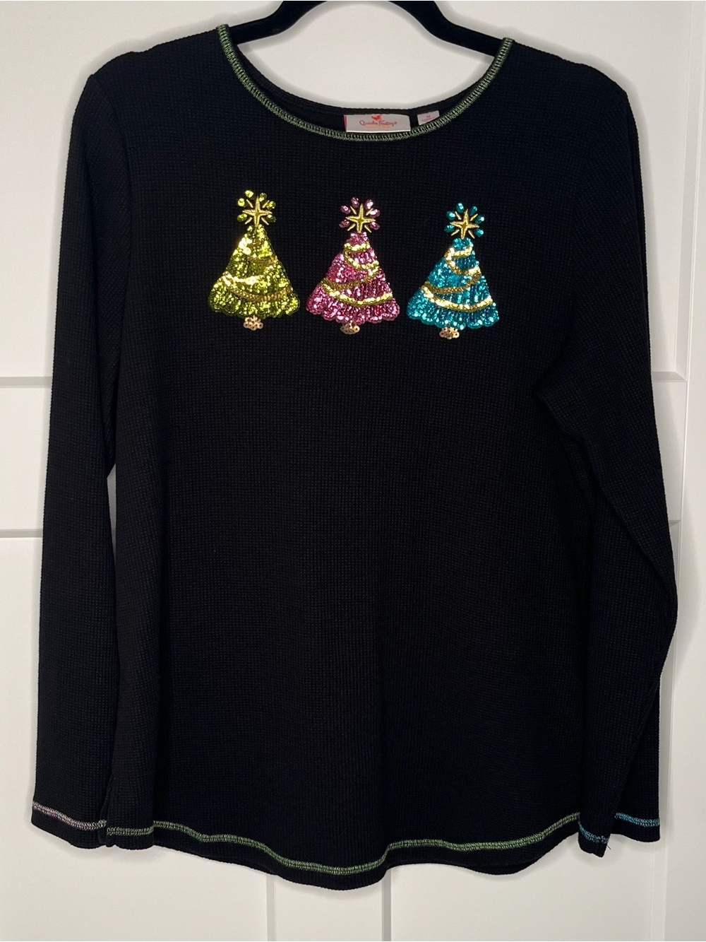 Quacker Factory Black Waffle Long-Sleeve Tee with Sequin Trees Size Medium
